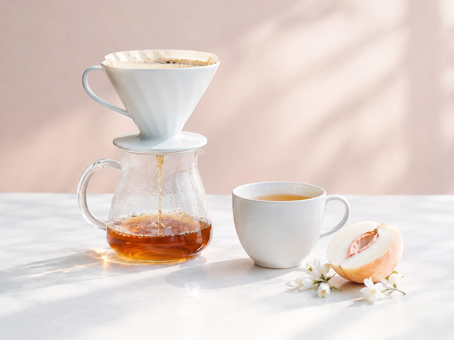 白いドリッパーからガラスのサーバーへ落ちる浅煎りのコーヒー。白いカップと、半分に切った白桃、ジャスミンの花