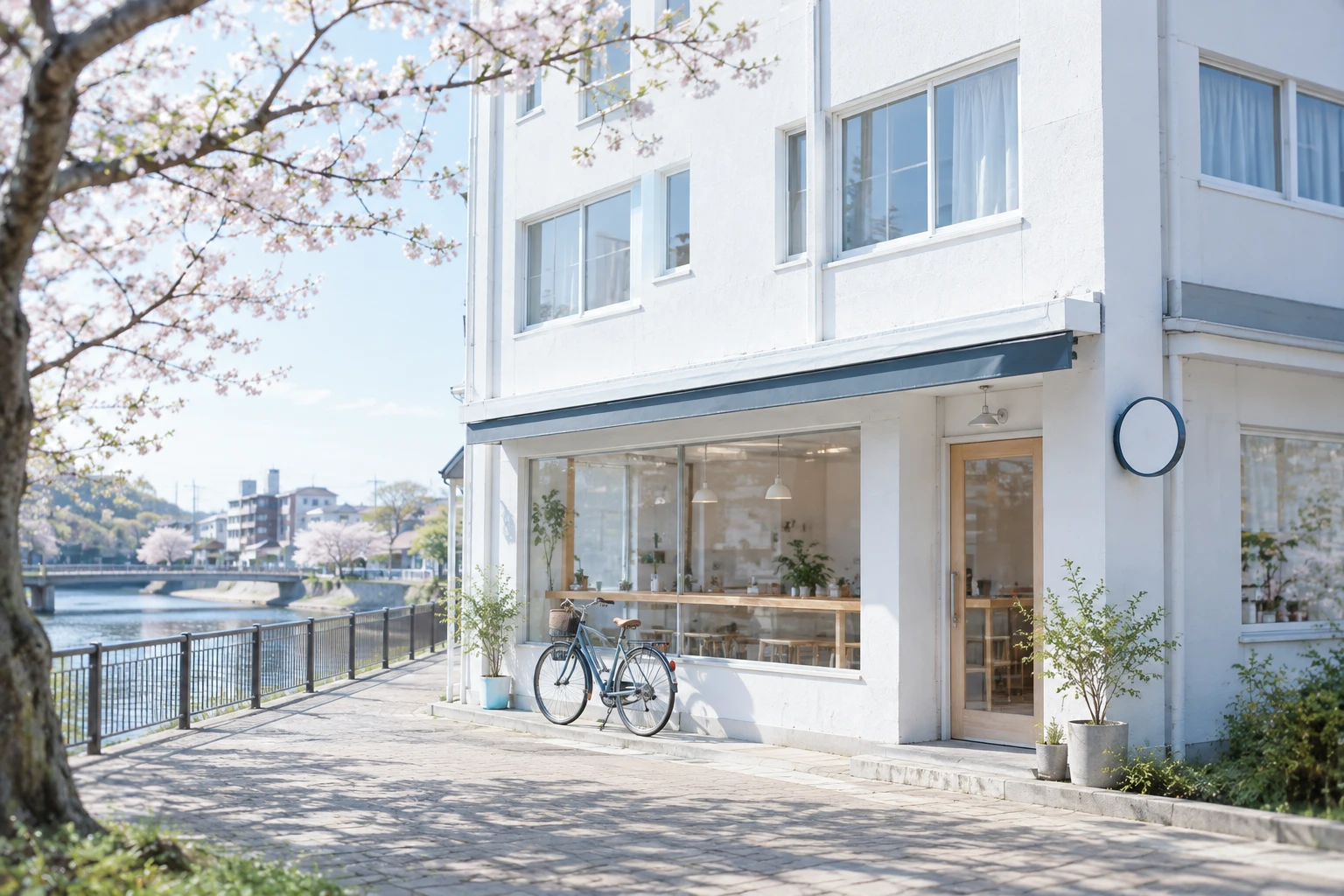 川沿いの遊歩道に面した白い建物の1階にあるカフェの外観。紺色のひさし、大きな窓、丸い看板、店先の自転車と桜の木